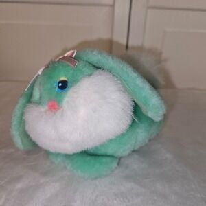 Vintage 1987 Commonwealth Mint Green Bunny Rabbit Plush White Fluffy Tail 80s
